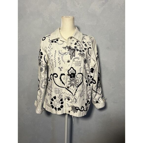 Laura Ashley White Embroidered Beaded Collared Button Up Jacket Women's Size S - Picture 1 of 8